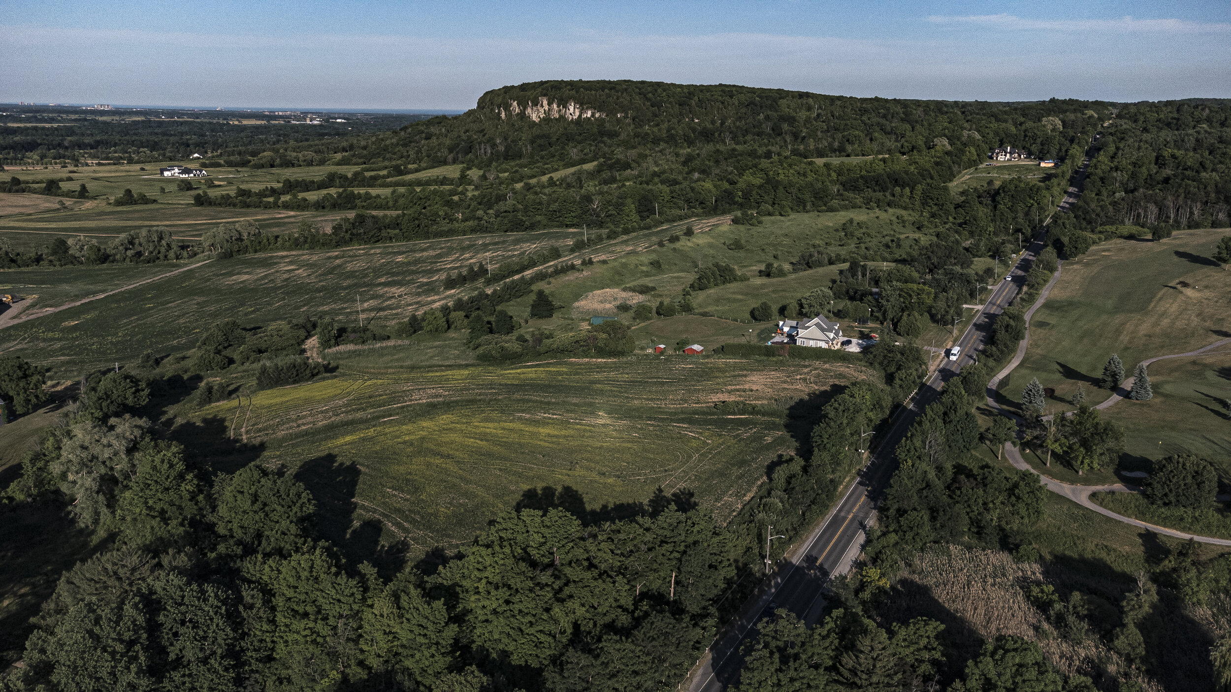 Farmland, rolling hills and the Niagara Escarpment from above