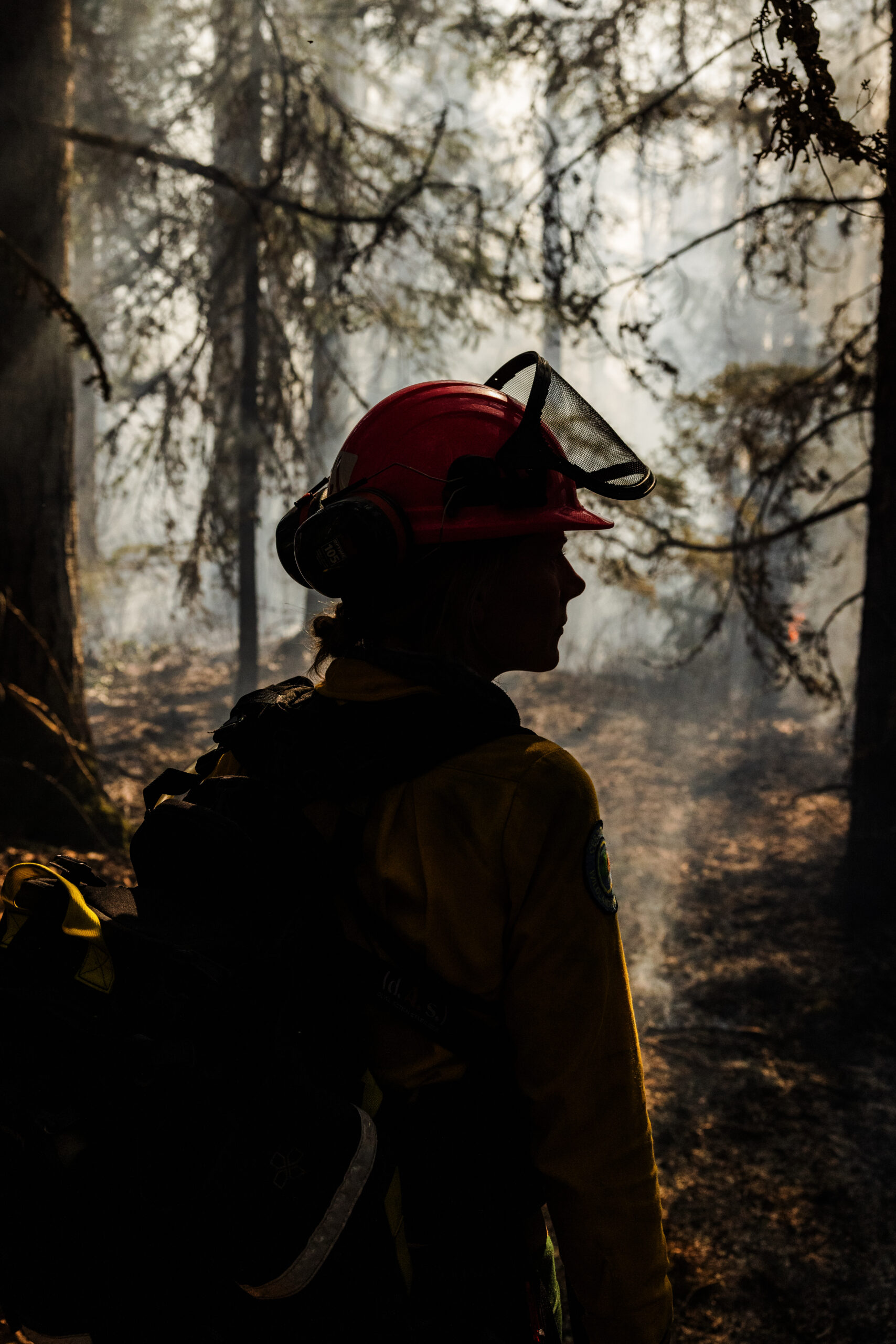 Kira Hoffman, fire ecologist, standing in front of a smoky forest
