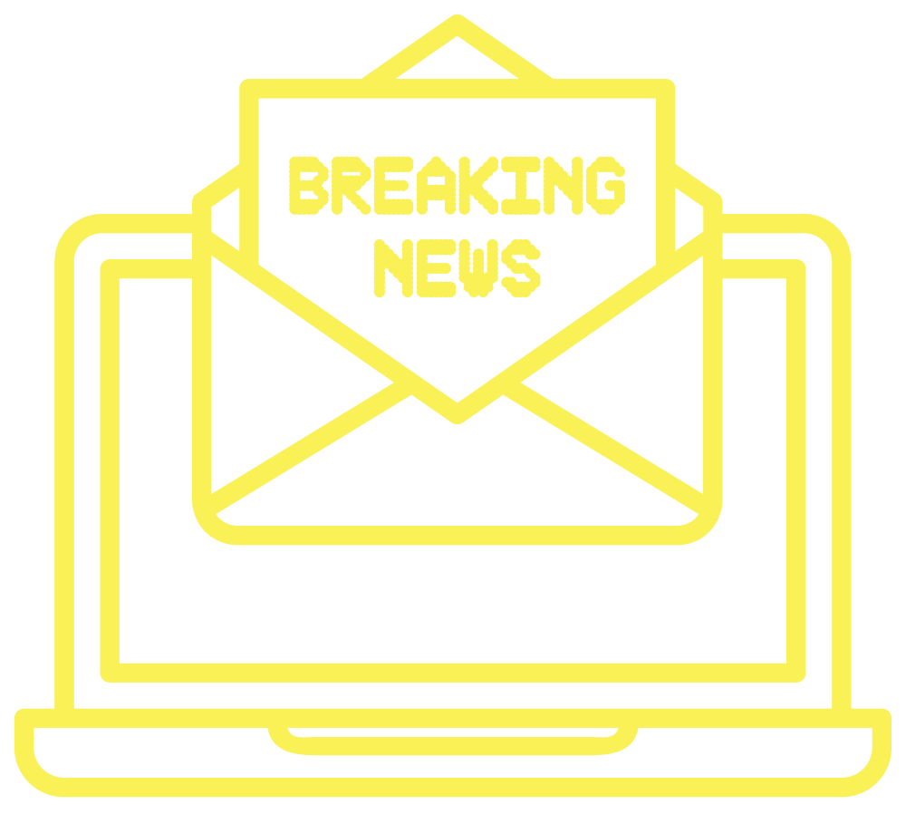 An illustration, in yellow, of a computer, with an open envelope inside it with letter reading 'Breaking news.'