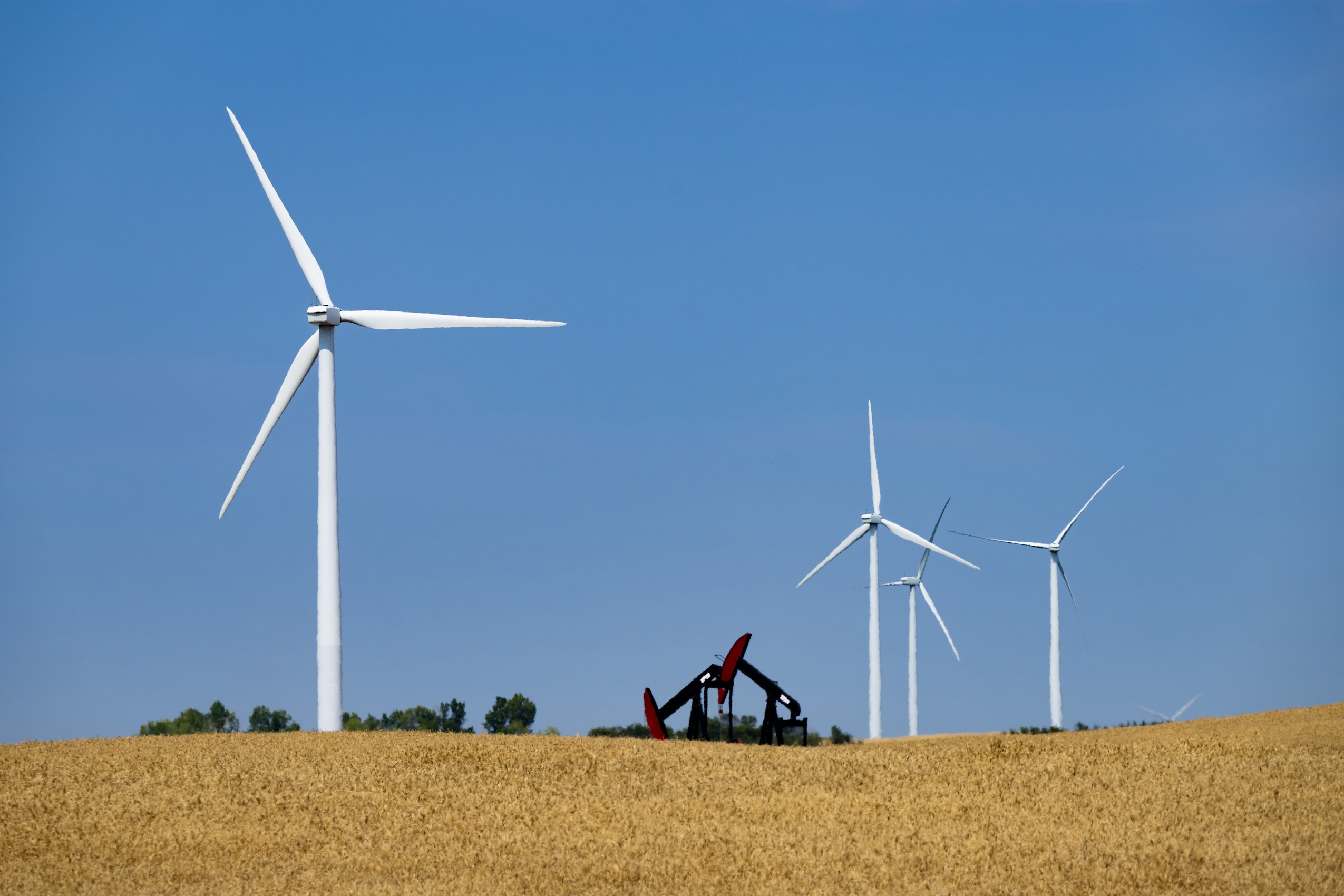 Several large wind turbines on a golden field, with a pumpjack in the distance.