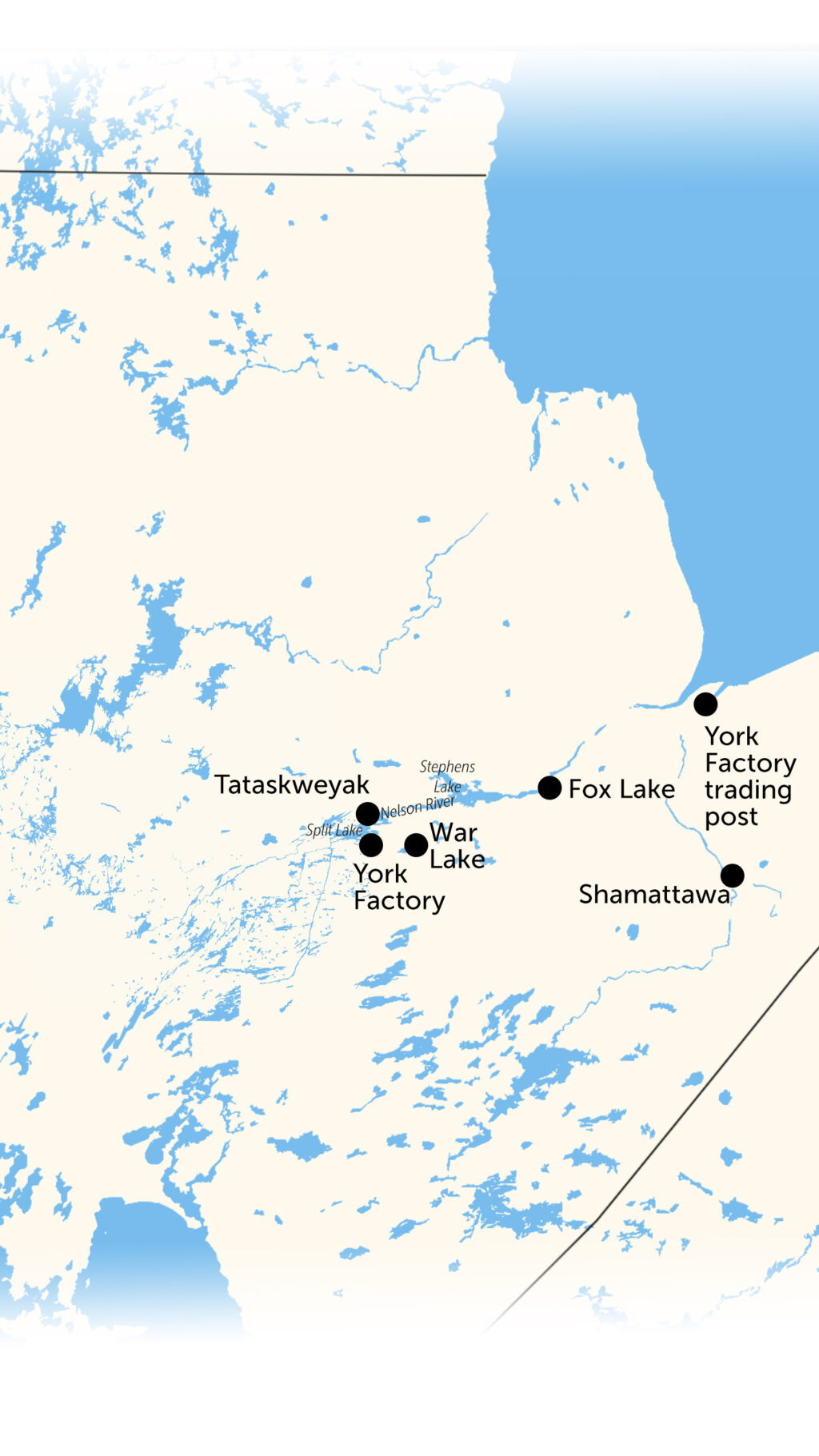 A map of Northeast Manitoba showing the locations of five First Nations.
