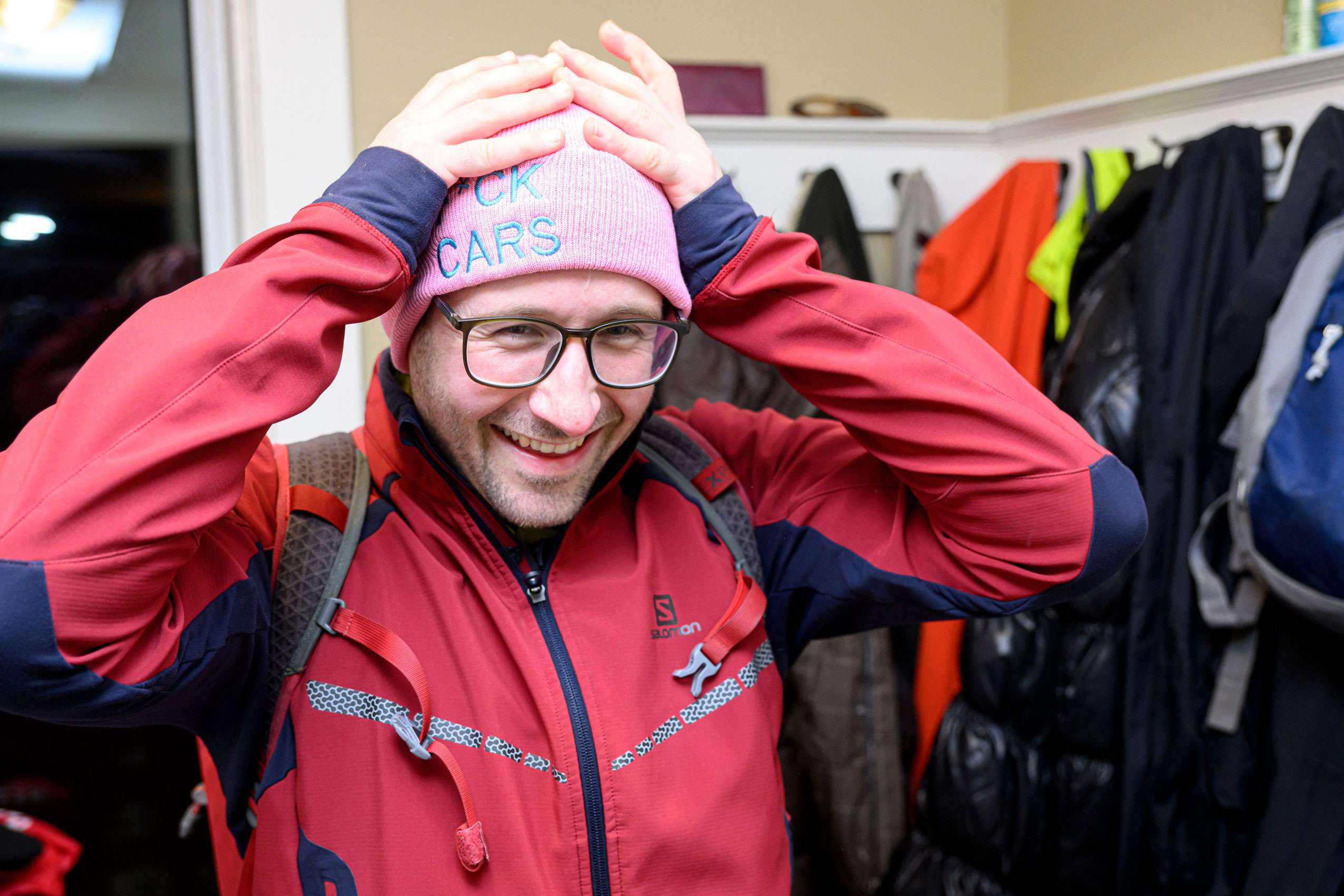 Winnipeg Symphony Orchestra bassist Daniel Perry laughs as he puts on his anti car toque